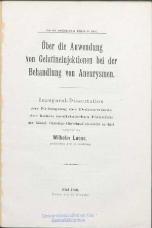 Über die Anwendung von Gelatineinjektionen bei der Behandlung von Aneurysmen