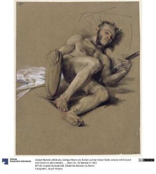 Aktstudie, bärtiger Mann am Boden auf der linken Seite ruhend mit Schwert und Schild in den Händen, Studie zur Adresse anlässlich der Volljährigkeit des Kronprinzen 1850