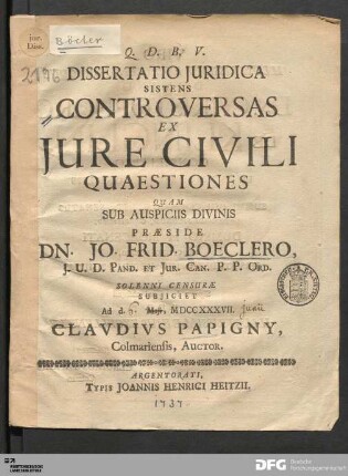 Dissertatio Juridica Sistens Controversas Ex Jure Civili Quaestiones
