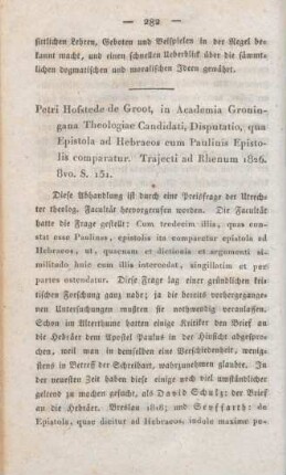 282-288 [Rezension] Hofstede de Groot, Petrus, Disputatio qua epistola ad Hebraeos cum Paulinis epistolis comparatur
