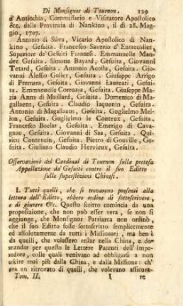 Osservazioni del Cardinal di Tournon sulla pretesa Appellazione da'Gesuiti contro suo Editto sulle superstizioni Chinesi