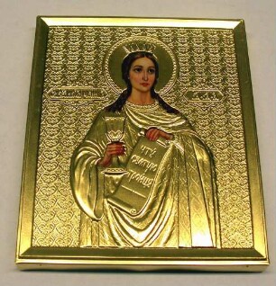 Heilige Barbara mit Kelch, Schriftrolle, Nimbus und Krone