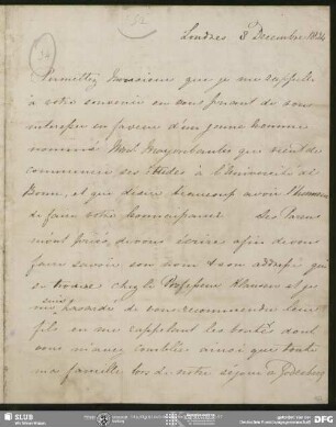 Eigenh. Brief von John Tottie an August Wilhelm von Schlegel, London, 08.12.1824