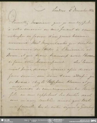 Eigenh. Brief von John Tottie an August Wilhelm von Schlegel, London, 08.12.1824
