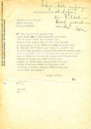 Telegramm von CCC an Michèle Morgan, 23.02.1959 (französischer Text und Übersetzung)