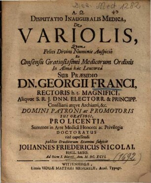 Disputatio Inauguralis Medica, De Variolis ...
