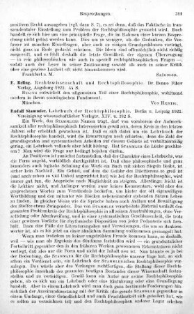 311, E. Beling. Rechtswissenschaft und Rechtsphilosophie. 1923