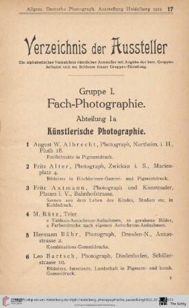 Gruppe I, Fach-Photographie. Abteilung Ia. Künstlerische Photographie (Nr.1-90)