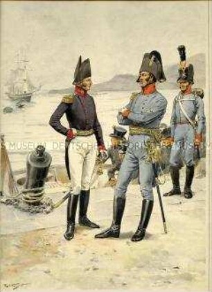 Uniformdarstellung, Offizier des Marine-Genie-Korps, Offizier und Kanonier der Marine-Artillerie, Österreich, 1820. Tafel 85 aus: Ottenfeld/Teuber: Die österreichische Armee.