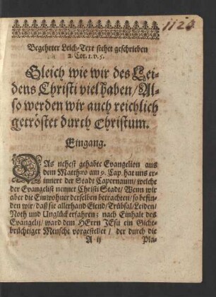 Begehrter Leich-Text stehet geschrieben 2. Cor. I. v. 5.