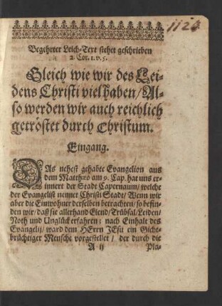 Begehrter Leich-Text stehet geschrieben 2. Cor. I. v. 5.
