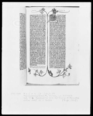 Eines der zwölf erhaltenen Pergamentexemplare der 42-zeiligen Bibel Gutenbergs — Band 1 der Gutenberg-Bibel — Initiale P(Revaricatus est), Folio 177recto