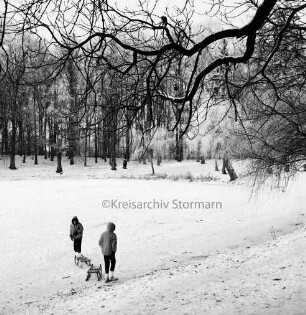 Kurpark: Salzteich: vorn links zwei Kinder mit Schlitten: hinten Bäume: Winter