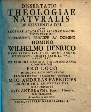 Diss. theologiae naturalis, de existentia Dei