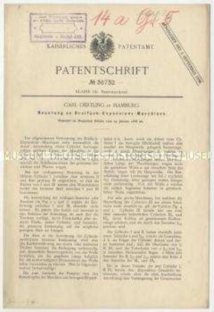 Patentschrift einer Neuerung an Dreifach-Expansions-Dampfmaschinen, Patent-Nr. 36732