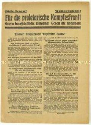 Flugblatt der KPD vom 13. September 1922 zum Zusammenschluss von SPD und USPD und Aufruf zum Beitritt