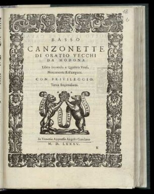 Orazio Vecchi: Canzonette ... Libro secondo a quattro voci ... Terza Impressione. Basso