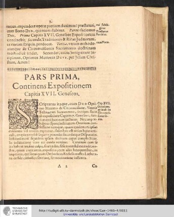 Pars prima. Continens Expositionem Capitis XVII. Geneseos