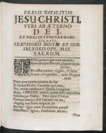 Feriis Natalitiis Jesu Christi, Veri Ab Aeterno Dei, Et Veri Intempore Hominis Nati, Servatoris Nostri Et Consultoris Opt. Max. Sacrum.