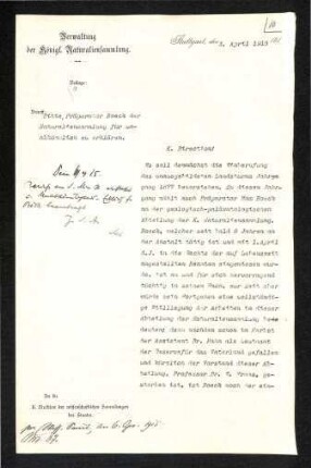 Bitte, Präparator Böck der Naturaliensammlung für unabkömmlich zu erklären