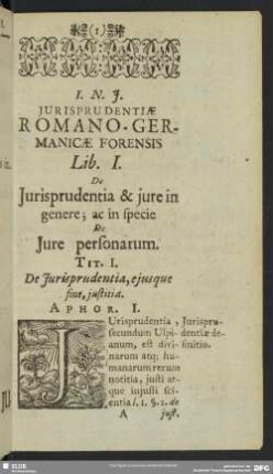 Lib. I. Iurisprudentia & iure in genere; ac in specie De Iure personarum
