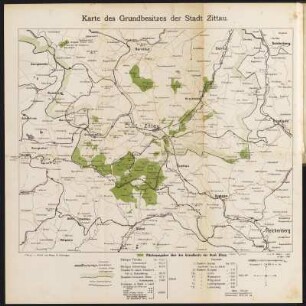 Plan von Zittau und Umgebungskarte mit Einträgen zum Grundbesitz von Zittau , 1:10 000 u. 1:112 500, Lithographie, 1906 : 1. Plan von Zittau / nach Plänen des Stadtbauamtes. Bearb. von R. Müller. - Rev. 1906. - 1:10 000. - Zittau : Haupt u. Schwager, 1906. - 1 Kt. : Lithogr. ; 37,3 x 34,0 cm +++ 2. Karte des Grundbesitzes der Stadt Zittau / Gez. von R. Müller. - Gez. 1900, rev. 1906. - 1:112 500. - Zittau : Haupt u. Schwager, 1906. - 1 Kt. : dreifarb. Lithogr. ; 36 x 29,5 cm