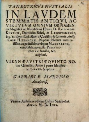Panegyricus Nuptialis in laudem Rodolphi Khuenn