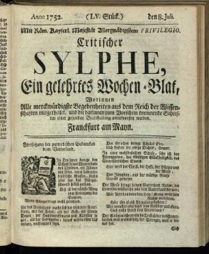 (LV. Stück.) den 8. Juli. Anno 1752.