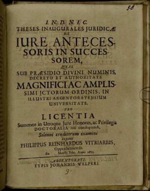 Theses Inaugurales Iuridicae De Iure Antecessoris In Successorem