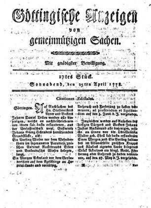 17tes Stück. Sonnabend, den 25ten April 1778.