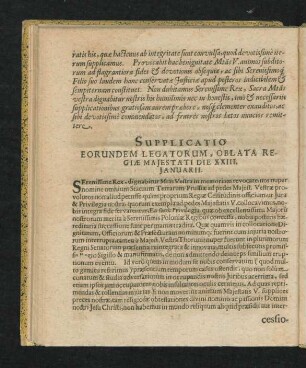 Supplicatio Eorundem Legatorem, Oblata Regiae Maiestati Die XXIII. Ianuarii.