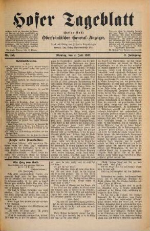 Hofer Tageblatt : oberfränkischer Generalanzeiger ; unparteiische und unabhängige Zeitung. 1887,7/12 = Jg. 9