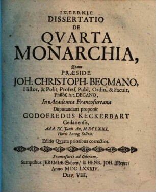Dissertatio De Qvarta Monarchia