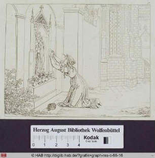 Gretchen kniet vor einem Standbild der Mater Dolorosa und betet flehentlich.