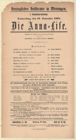 Theaterzettel zur Aufführung des Schauspiels "Die Anna-Liese. von Hermann Hersch" in der Spielzeit 1914/15 des Herzoglichen Hoftheaters in Meiningen.