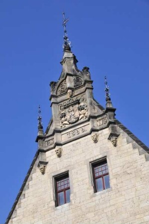 Quedlinburg - Giebel : Giebel des Rathausanbaus, aufgenommen in Quedlinburg am 29. April 2014. Foto Uwe Gerig
