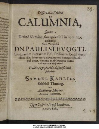 Dissertatio Ethica De Calumnia