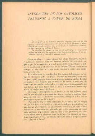 Invocación de los católicos peruanos a favor de Roma
