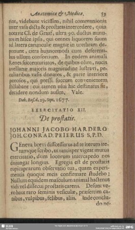 Exercitatio XII. De prostatis. Johanni Jacobo Hardero Joh. Conrad. Peierus S. P. D.