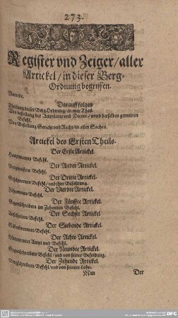 Register und Zeiger/ aller Artickel/ in dieser Berg-Ordnung begriffen.