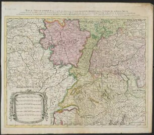 Table Geographique dans la quelle fort distinctement est montré La Partie Meridionale ou Superieure du Rhein, Meuse, Moselle et les moindres rivieres, qui se decharchent dans elles : comme aussi les parties, qui sont au milieu, l Archevesche et l Elctorat [!]de Mayence et le Palatinat du Rhein, Lorraine, Suisse, l Alsace, Sueve, la Duche et la Comte de Bourgogne et d'autres Provinces voisines de France et Italie
