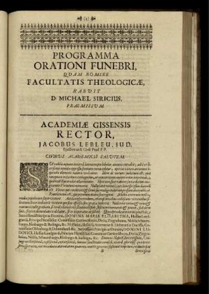 Programma Orationi Funebri, Quam Nomine Facultatis Theologicae, Habuit D. Michael Siricius, Praemissum