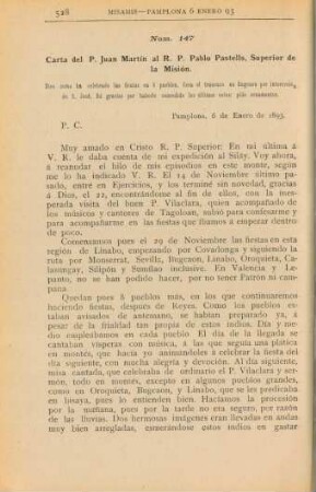 Núm. 147. Carta del P. Juan Martín al R. P. Pablo Pastells, Superior de la Misión