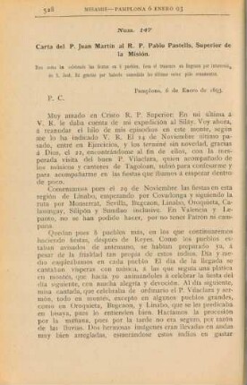 Núm. 147. Carta del P. Juan Martín al R. P. Pablo Pastells, Superior de la Misión