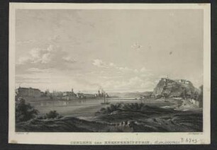 Ansicht von Koblenz mit der Festung Ehrenbreitstein, Stich, um 1840 : Coblenz und Ehrenbreitstein / Fröhlich dl.. J. J. Tanner sc. - [S.l.] , [um 1840?]. - 1 Kunstbl. : Stich ; 18 x 12 cm