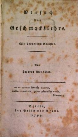 Versuch einer Geschmackslehre : Mit doppeltem Register