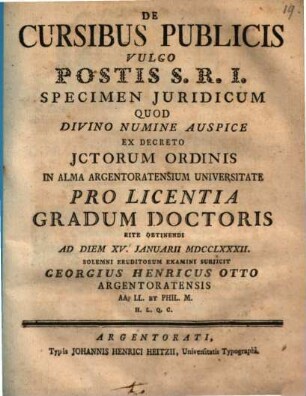 De cursibus publicis, vulgo postis S. R. I. specimen iuridicum