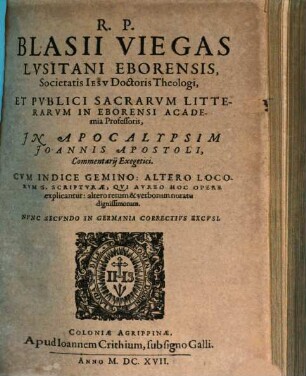 Commentarii exegetici in Apocalypsin Joannis Apostoli