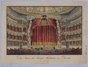 Innenansicht des ersten Baus der Semperoper (Hoftheater) in Dresden, Blick über den Zuschauerraum zur Bühne mit geschlossenem Vorhang