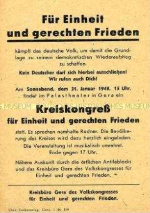Einladung zum Kreiskongress für Einheit und gerechten Frieden in Gera